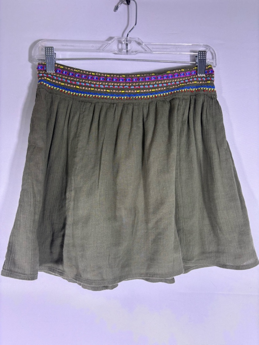 Aerie Olive Green Embroidered Boho Mini Skirt Smocked Waist Festival Size M